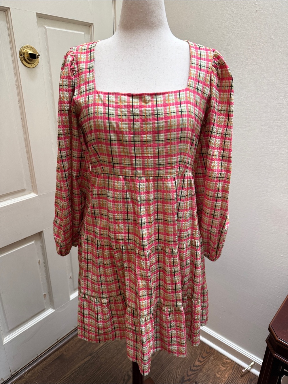 Topshop Pink Plaid Tiered Square-Neck Long Sleeve Dress